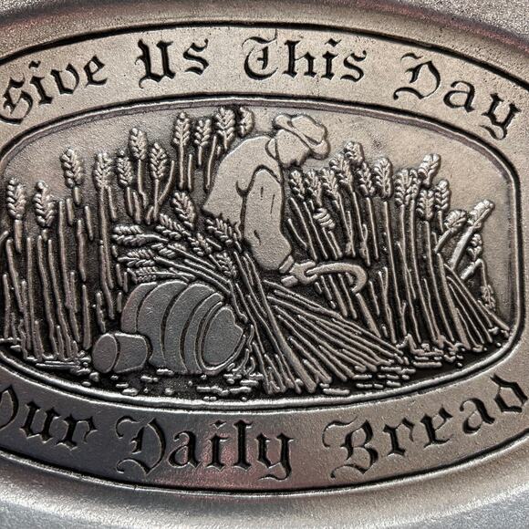 Vintage Pewter Tray with Give Us this Day Phrase and Farmer Working in Field - Picture 3 of 10